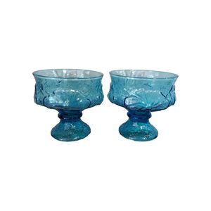 Set Of 2 Vintage Anchor Hocking Blue Glass Sorbet Dessert Dishes Rain flower